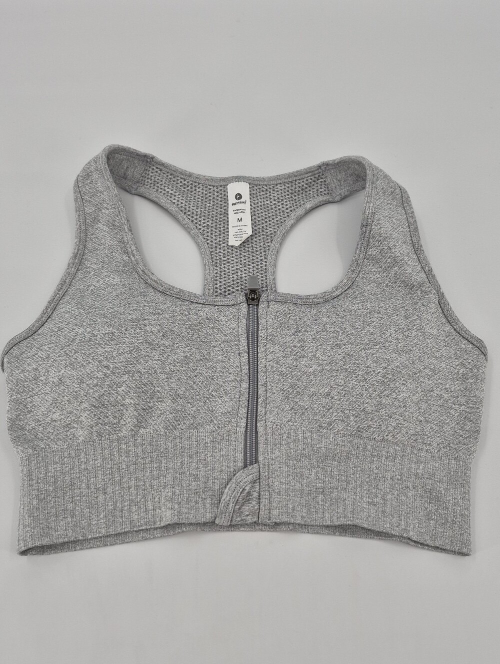 90 Degree by Reflex Amelia Zip Front Sports Bra Gray Ribbed Seamless Womens M